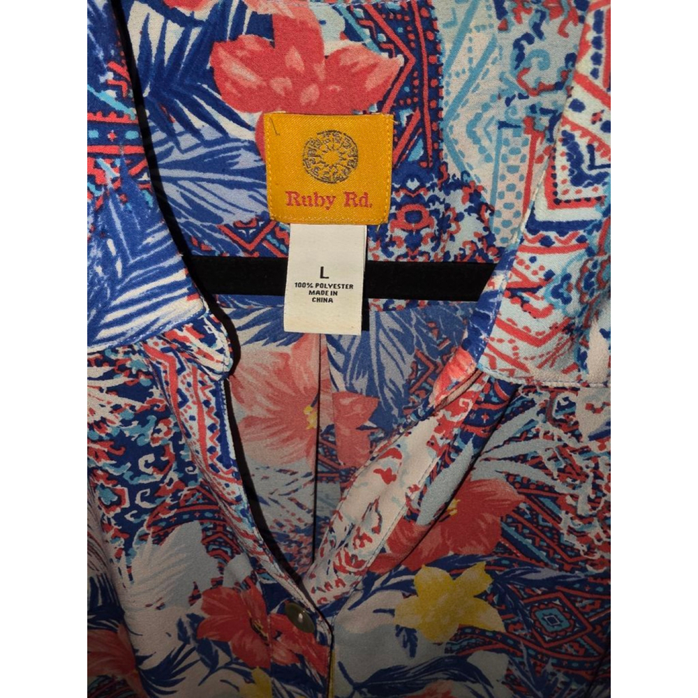 Women's Ruby Rd. Blue Red Floral Blouse L - Picture 2 of 5